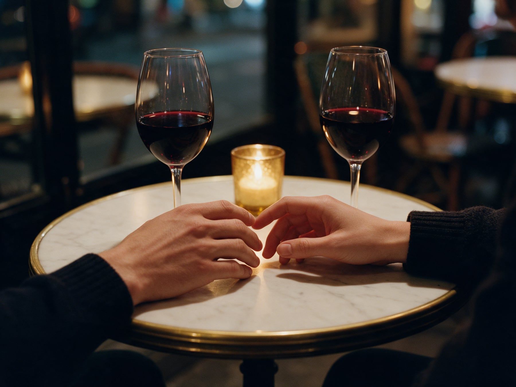 Deux mains qui se frôlent sur une table de café, deux verres de vin à la lueur d’une bougie