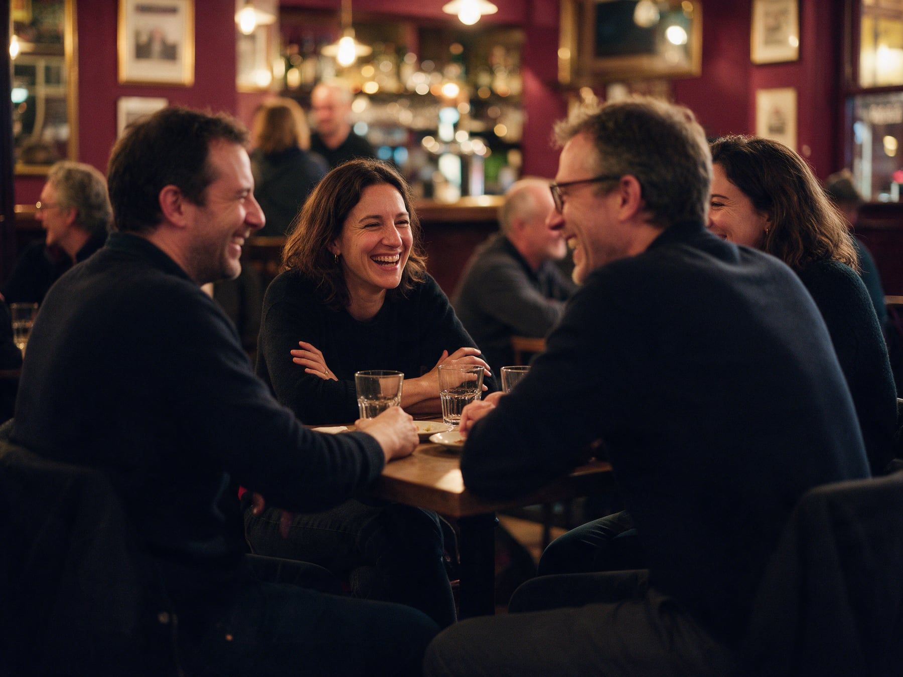 Un groupe d’amis discute et rit autour d’une table dans un bar de quartier