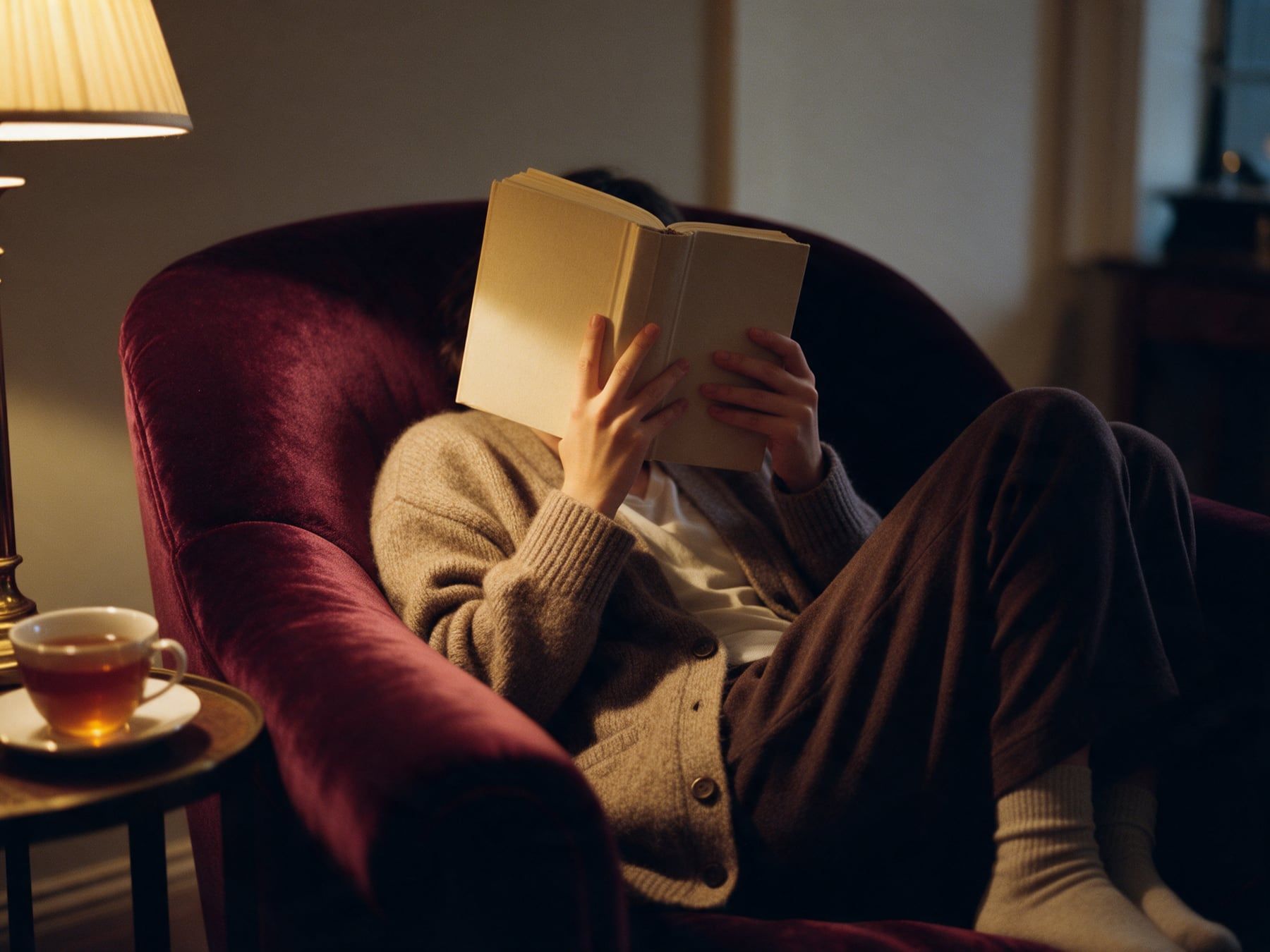 Une personne lit un livre, blottie dans un fauteuil en velours
