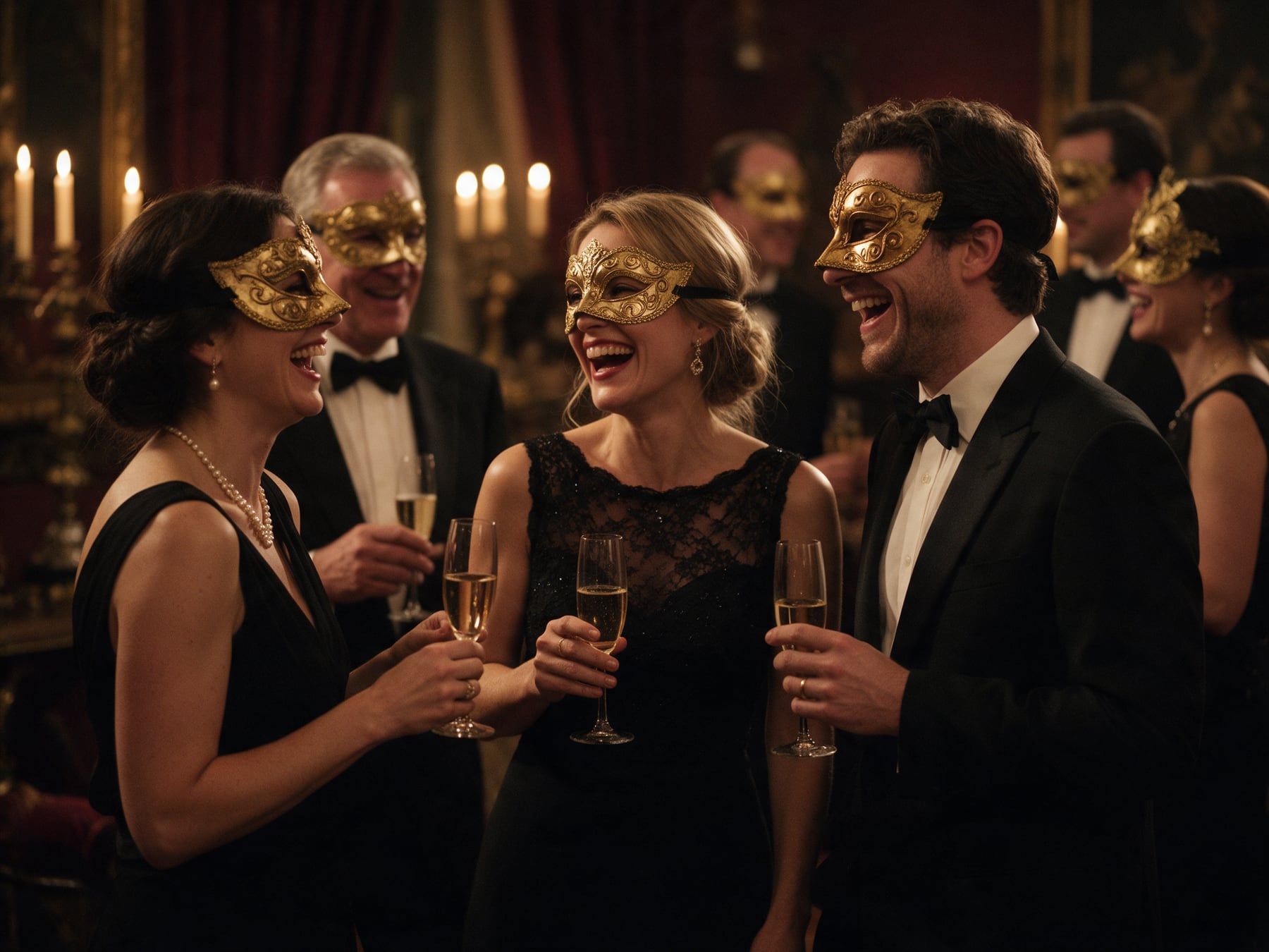 Une soirée masquée : des invités en tenue de soirée et masques vénitiens dorés rient ensemble