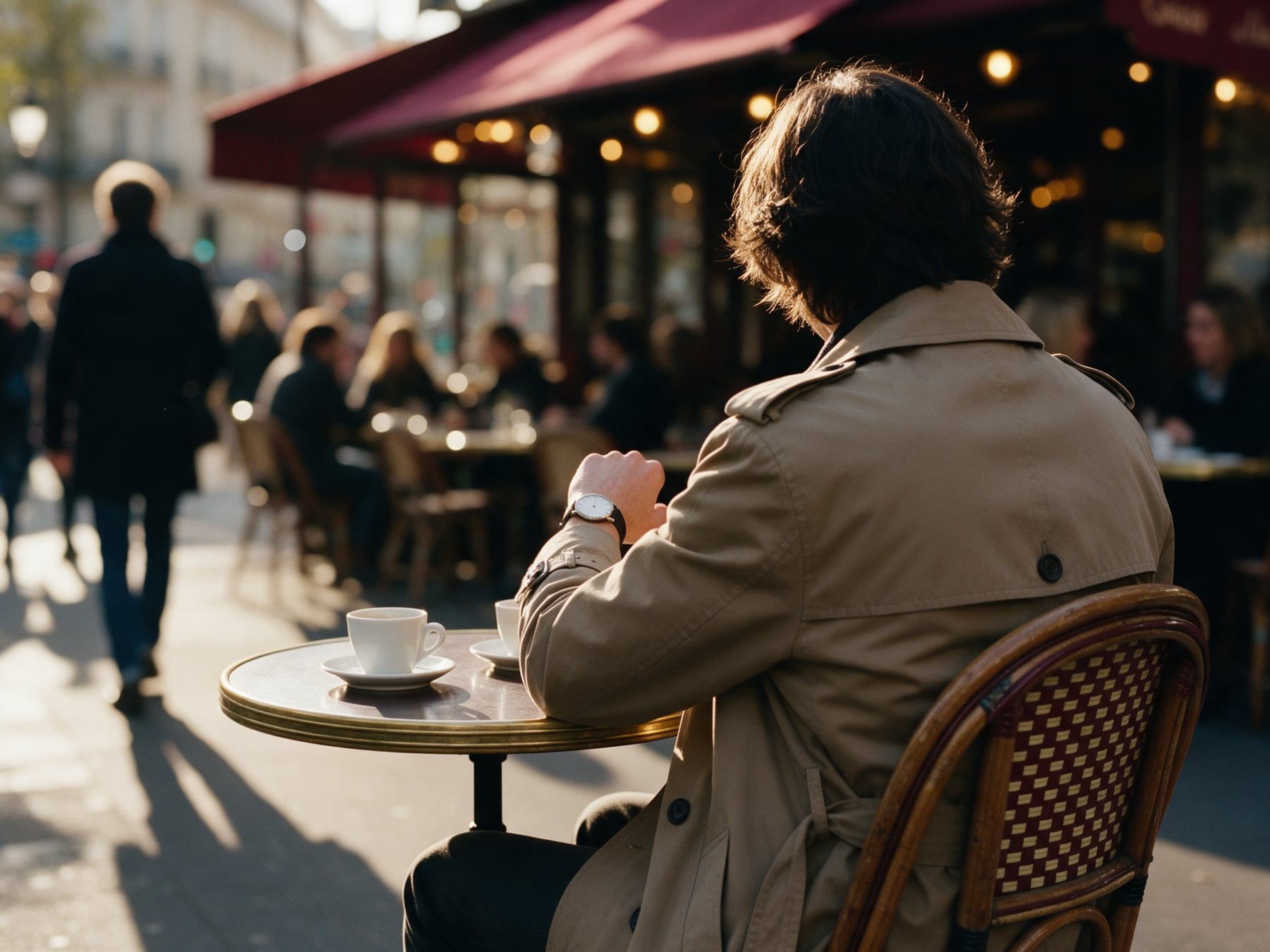 Une personne attend à une terrasse de café parisienne, deux tasses sur la table