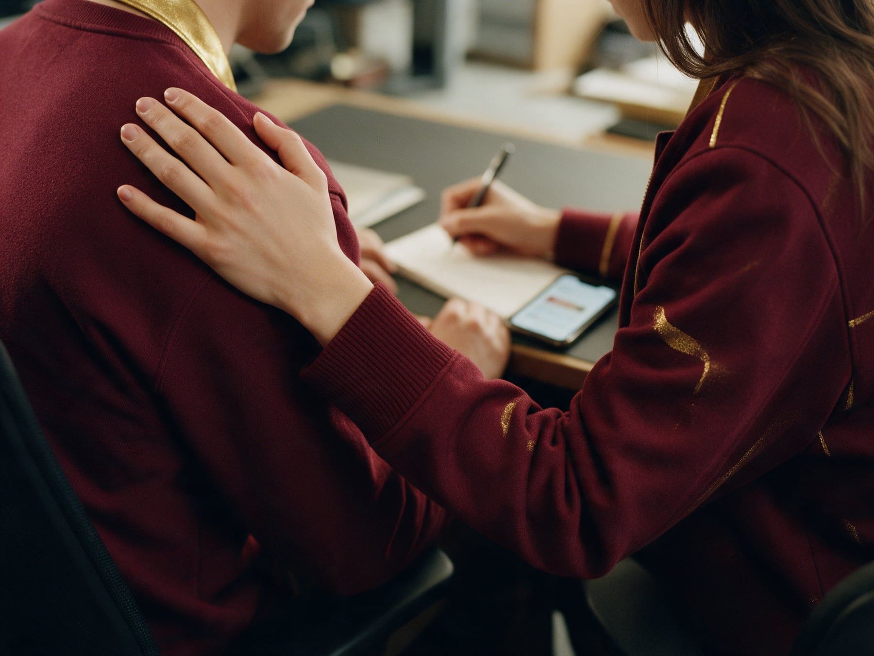 Une personne en réconforte une autre qui prend des notes à côté de son téléphone
