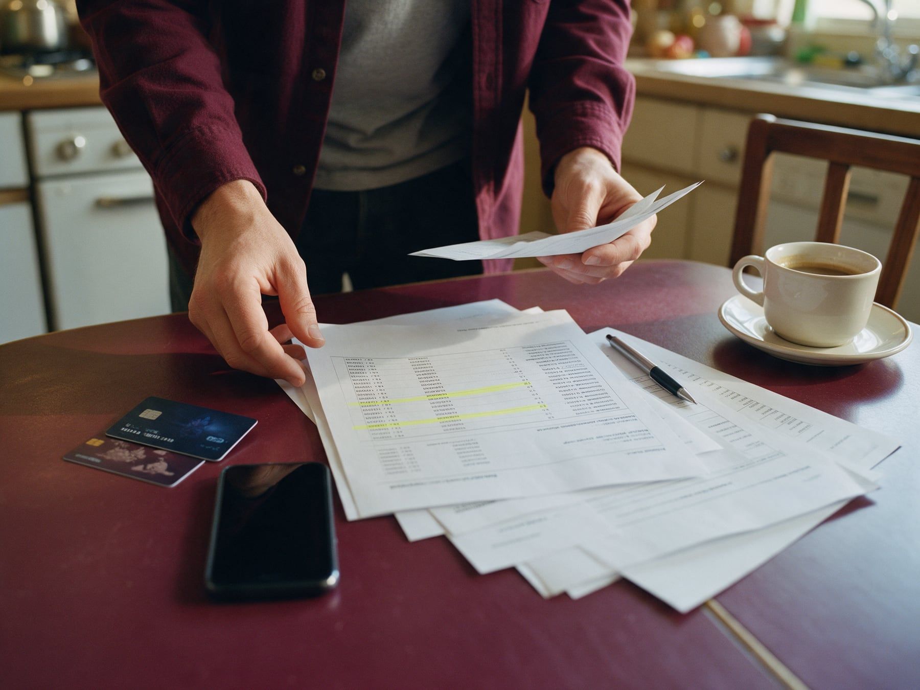 Des mains trient des relevés bancaires, une carte bancaire et un téléphone sur la table