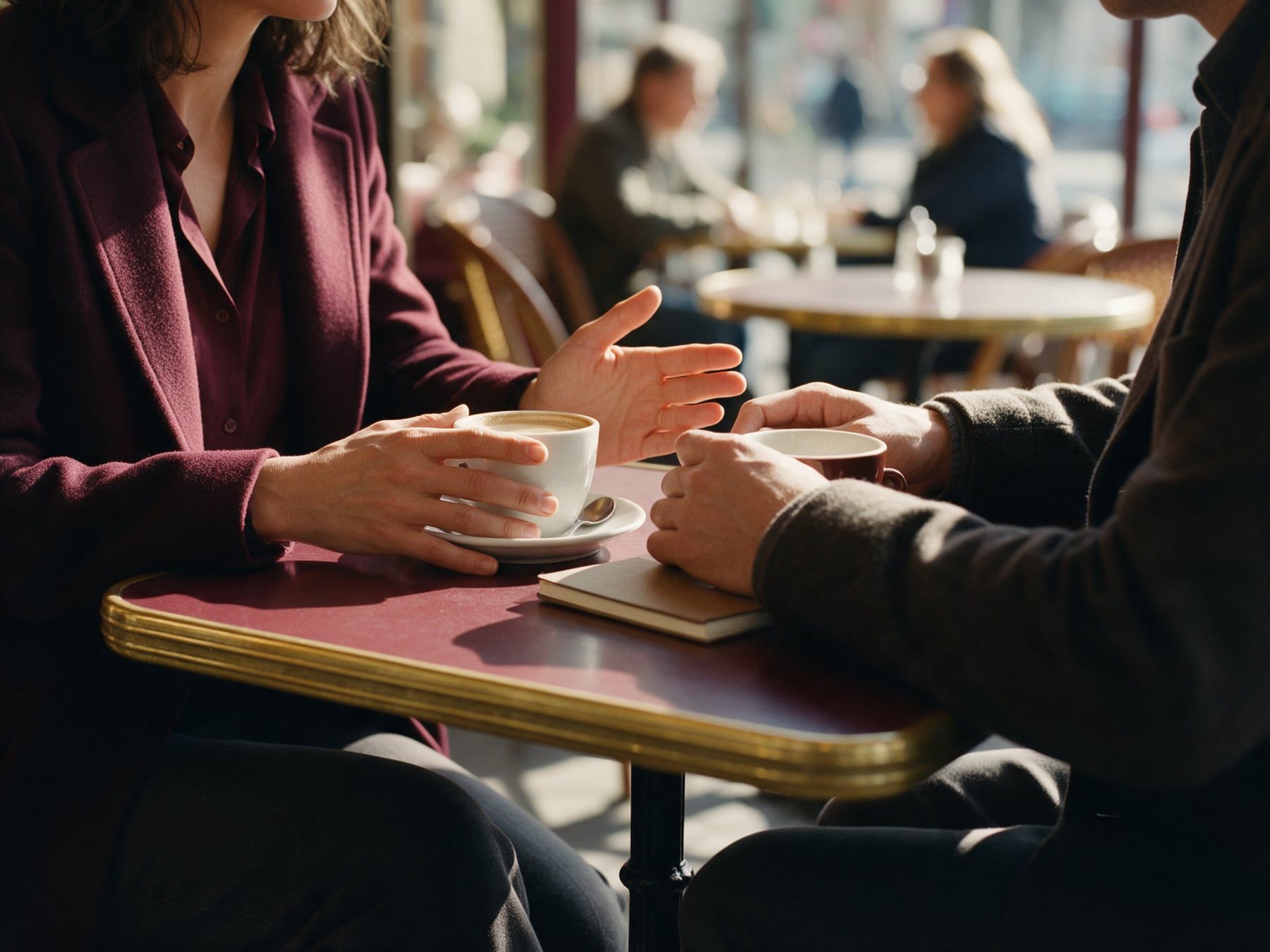 Deux personnes discutent sérieusement à une table de café, tasses en main